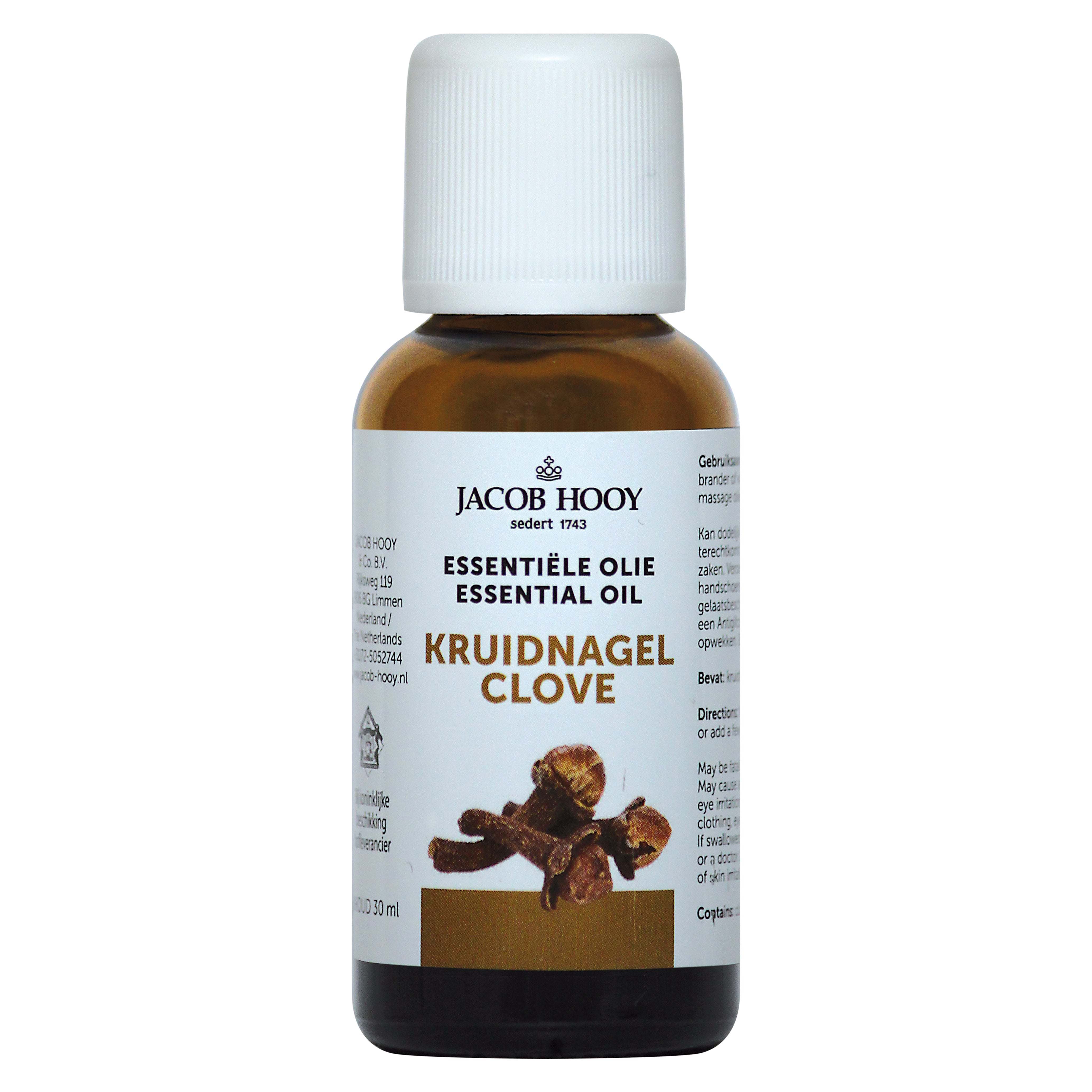 Jacob Hooy clove essential oil in a 30ml bottle, natural aromatic oil for wellness and aromatherapy.