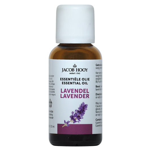 Bottle of Jacob Hooy lavender essential oil in a 30ml glass bottle with a white label and dropper cap.