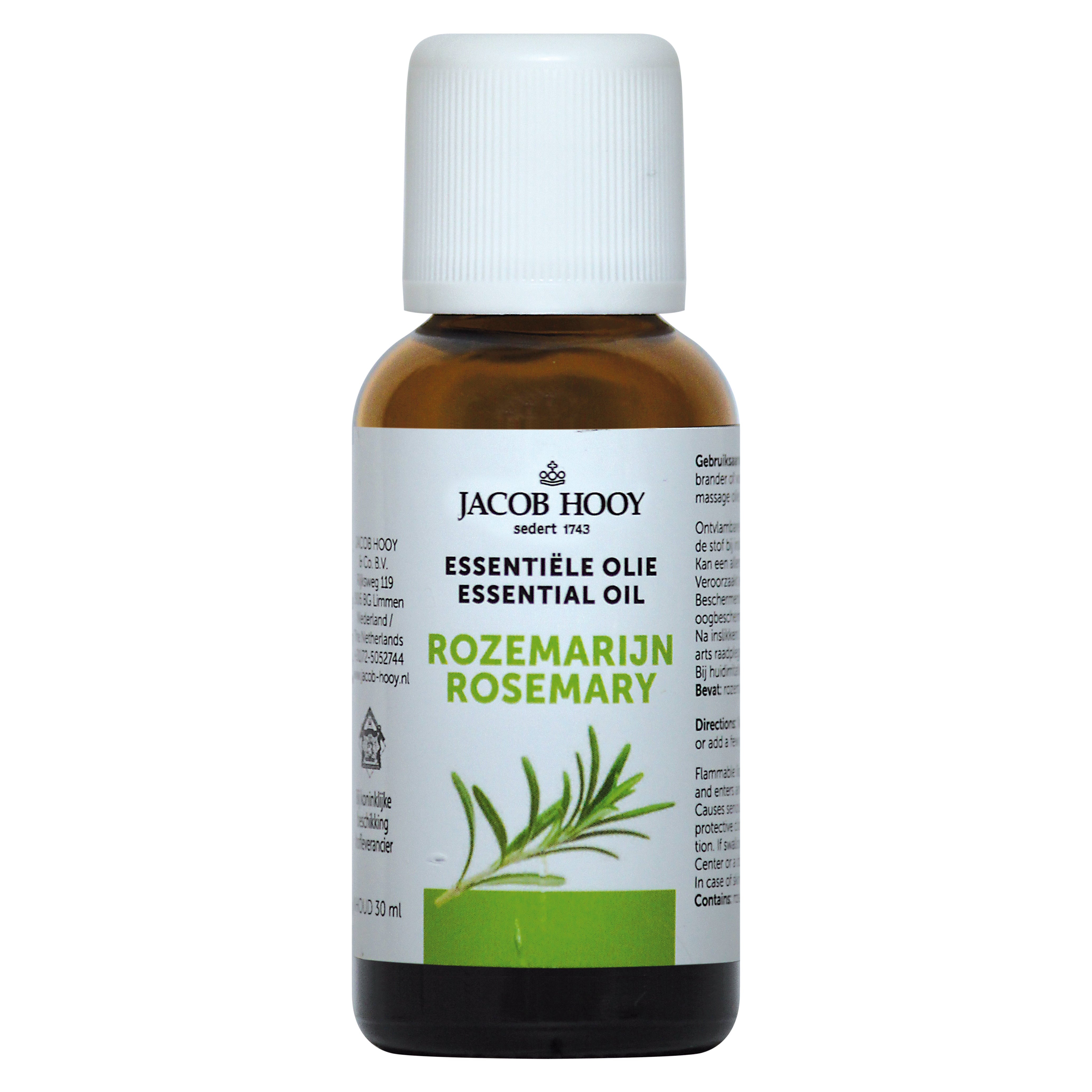 Jacob Hooy rosemary essential oil bottle, 30ml, natural herbal remedy in clear glass with label, for aromatherapy and wellness.