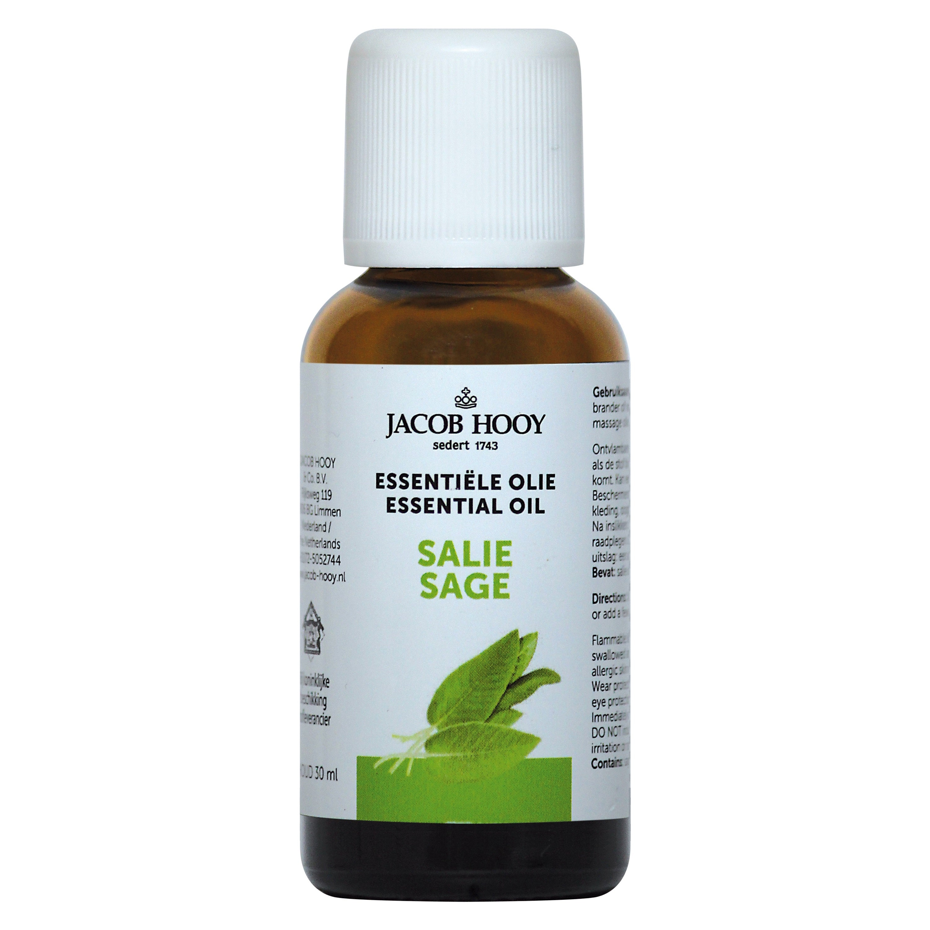 Bottle of Jacob Hooy Salie olie, 30ml, natural essential oil in a clear glass bottle with a white cap.