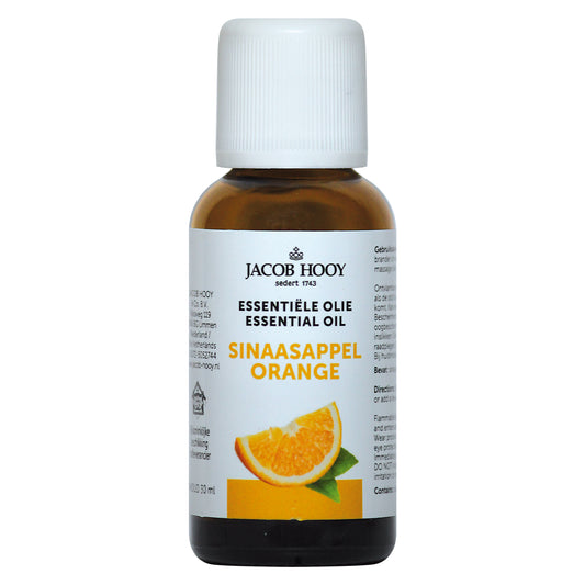 Bottle of Jacob Hooy Sinaasappel etherische olie (orange essential oil) in a 30ml container with a colorful label.