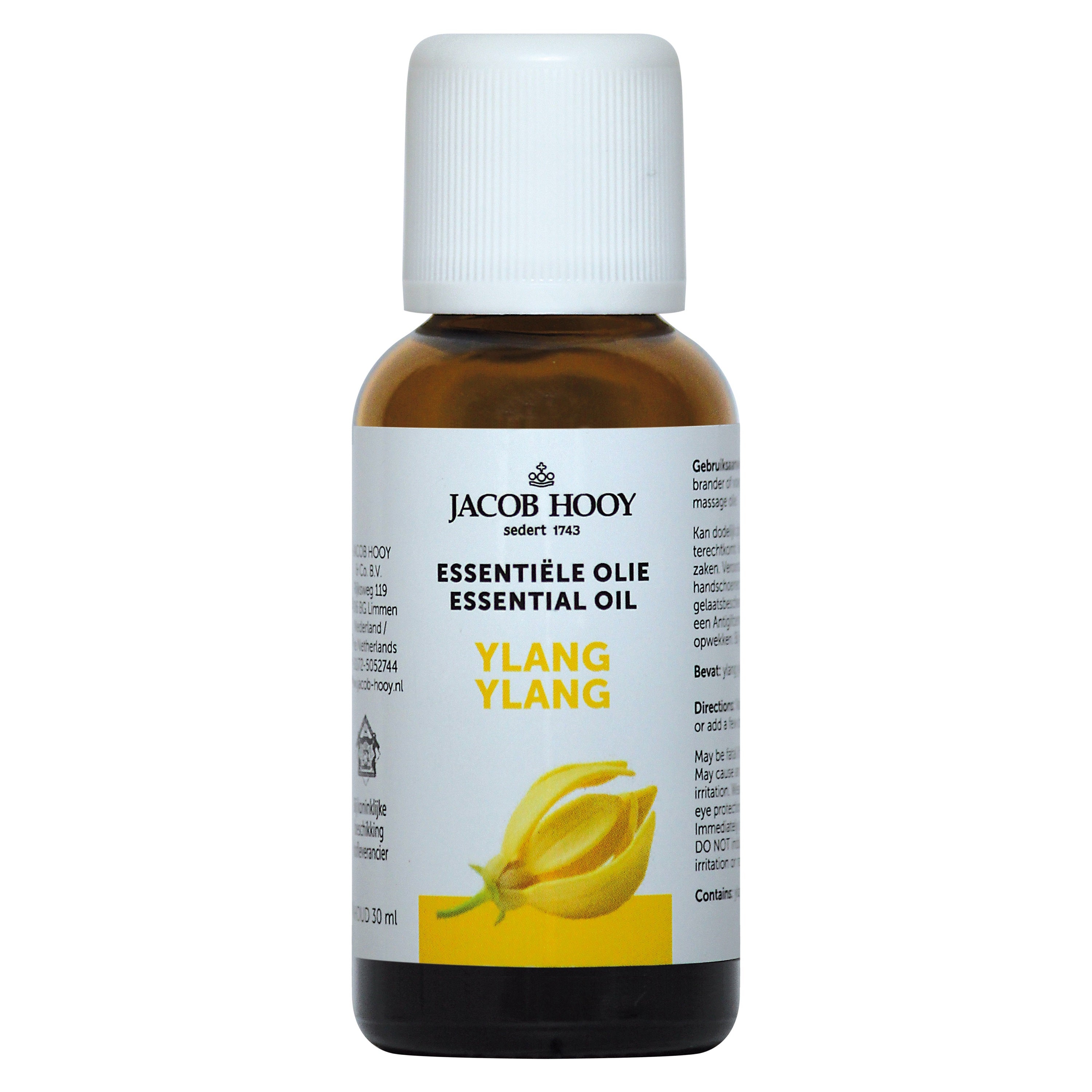 Jacob Hooy Ylang Ylang essential oil in a 30ml glass bottle, with a yellowish liquid visible through the transparent container.