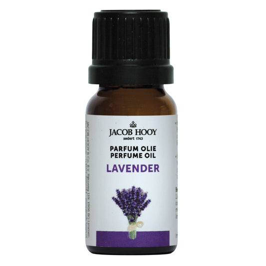 Jacob Hooy lavendel parfumolie in 10ml bottle, natural lavender essential oil, glass container with lavender flowers.
