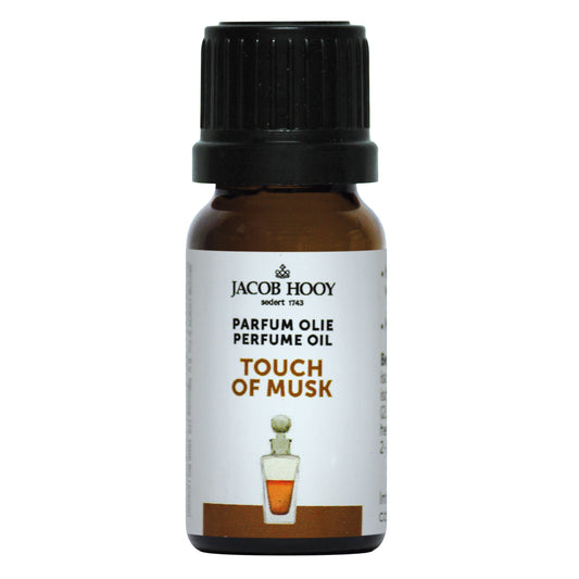 Jacob Hooy musk parfum olie in 10ml bottle, natural aromatic essential oil with a musky scent, for aromatherapy and personal use.