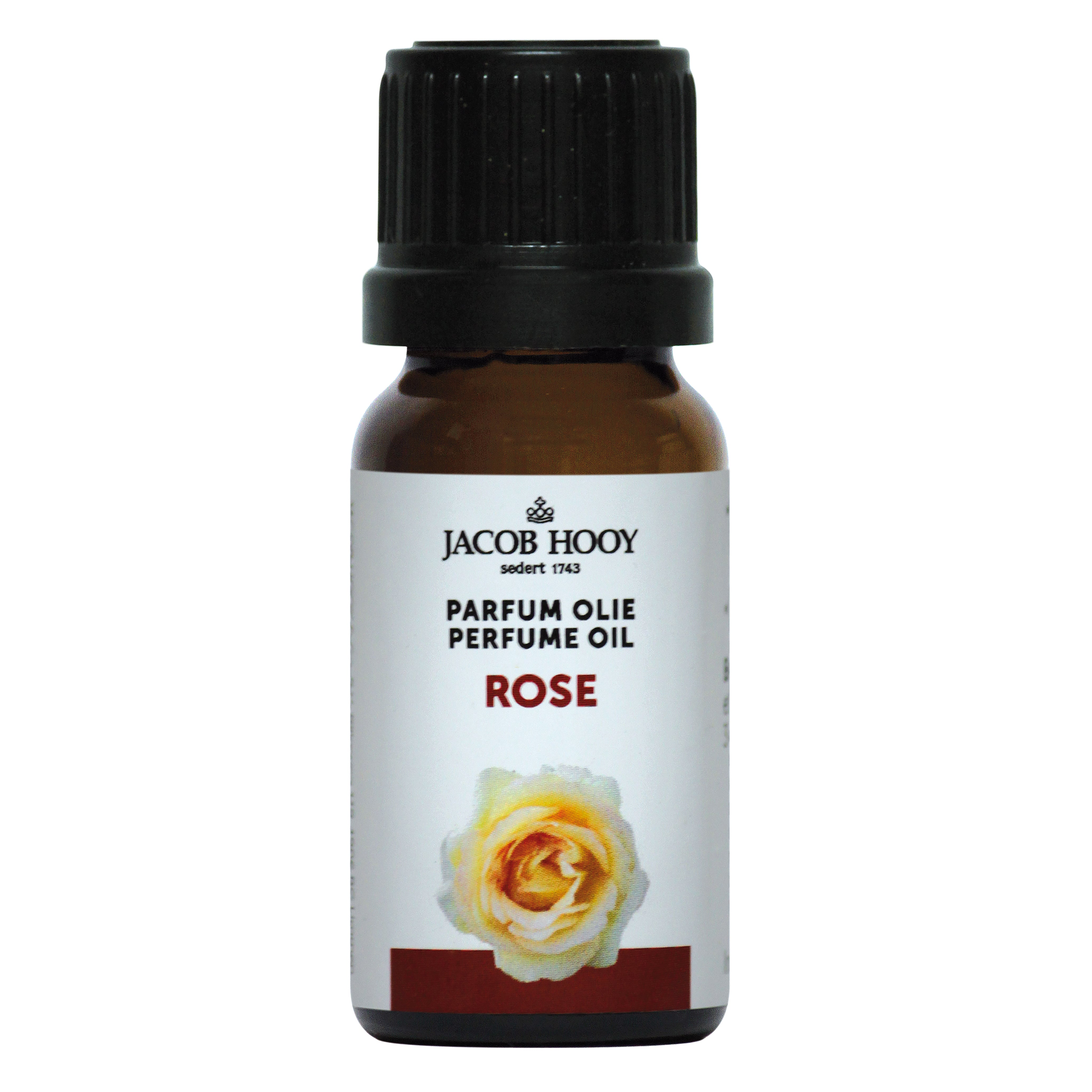 Jacob Hooy rose parfum olie in 10ml bottle, natural essential oil with floral rose scent, for aromatherapy and wellness.