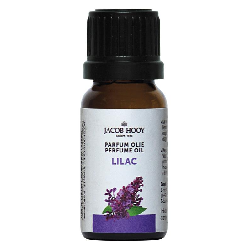 Jacob Hooy lilac perfume oil in 10ml bottle, showcasing the clear glass container and lilac-colored liquid.