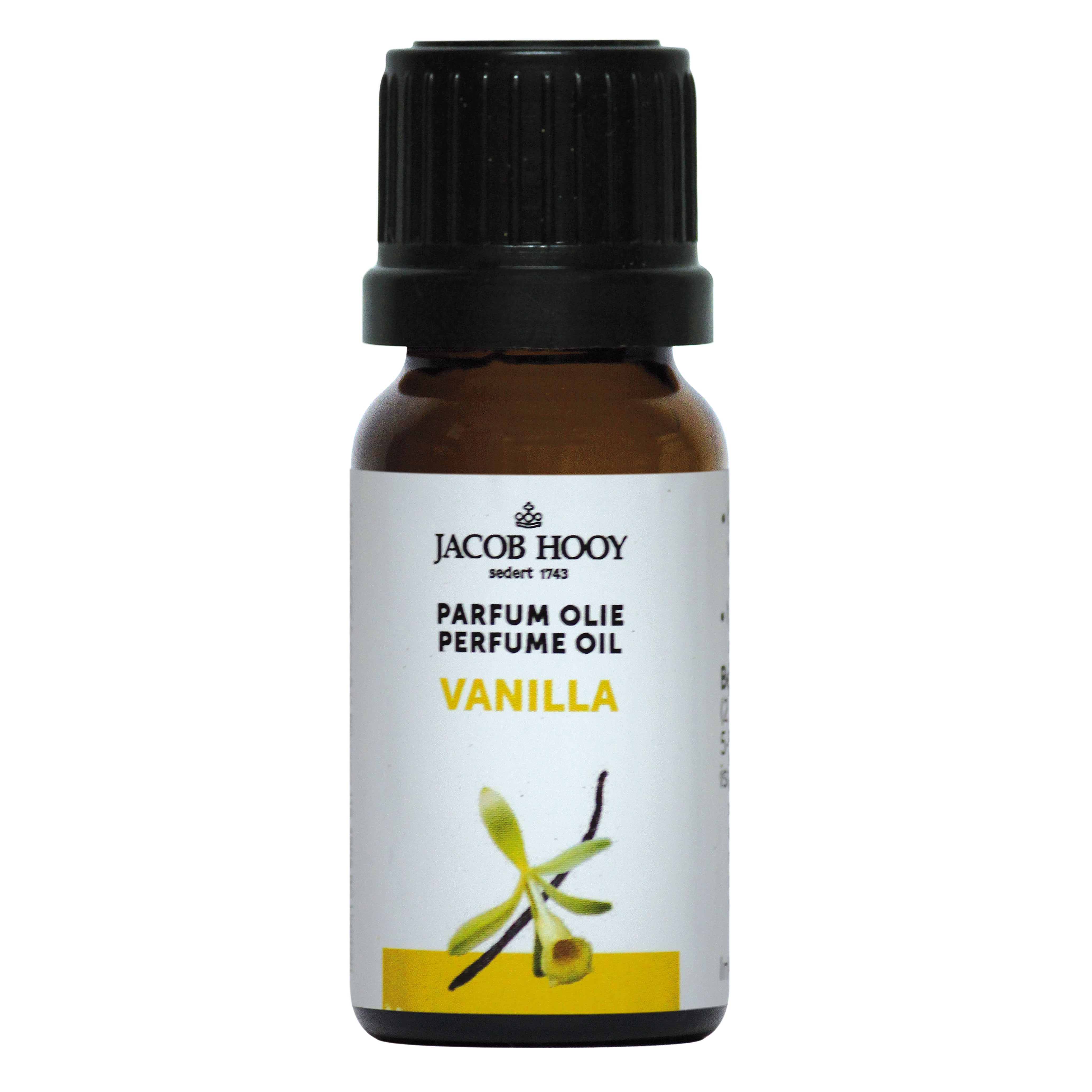 Jacob Hooy vanilla parfum olie in 10ml bottle, natural essential oil with a warm vanilla scent, for aromatherapy and personal use.