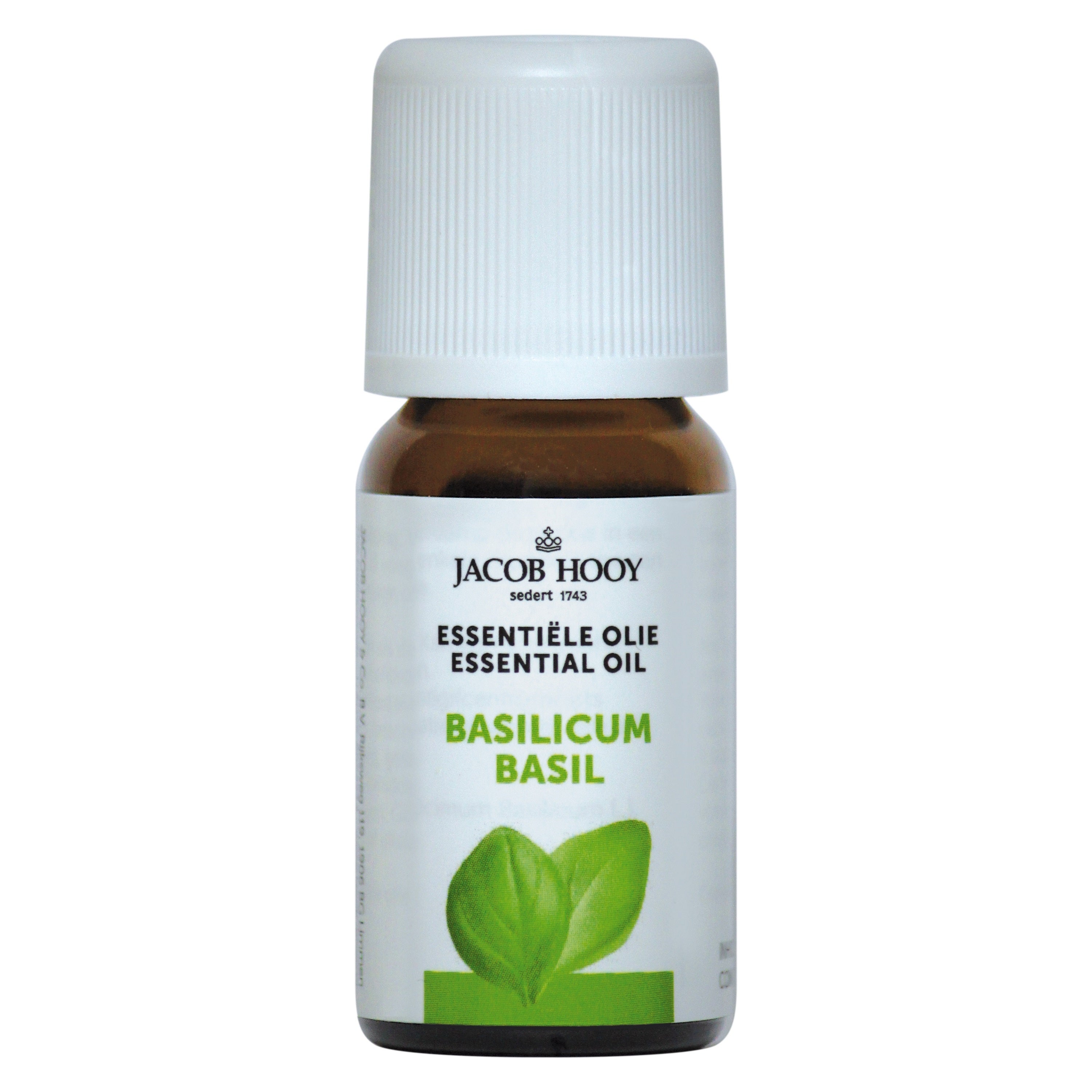 Bottle of Jacob Hooy basilicum essential oil in a 10ml dark glass bottle, with botanical illustrations in the background.