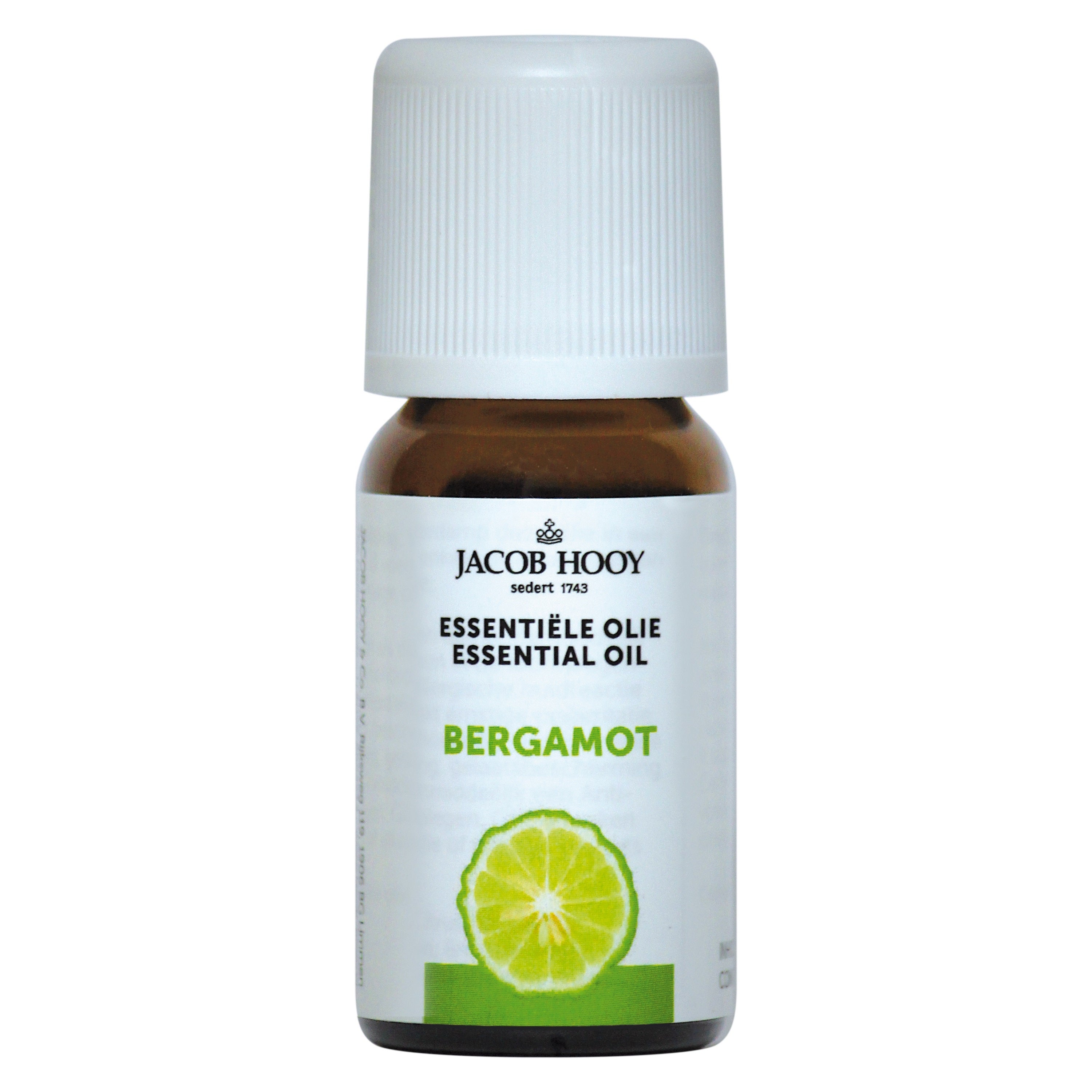 Jacob Hooy bergamot essential oil in a 10ml bottle, showcasing the clear liquid and label on the amber glass container.
