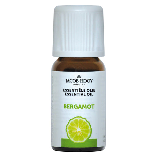 Jacob Hooy bergamot essential oil in a 10ml bottle, showcasing the clear liquid and label on the amber glass container.
