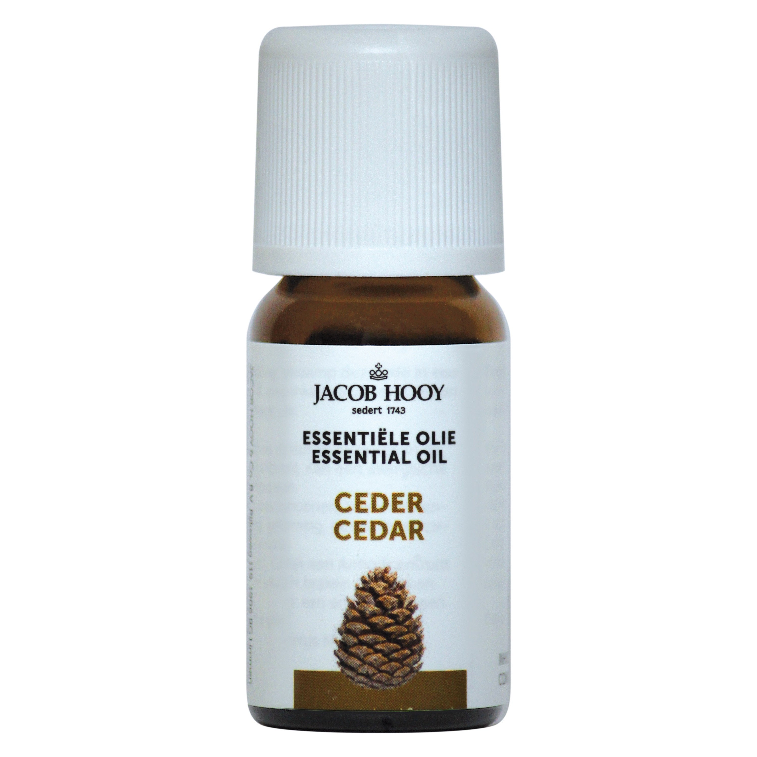 Jacob Hooy cedar oil in a 10ml bottle, natural essential oil with a clear glass container and label, for aromatic or therapeutic use.