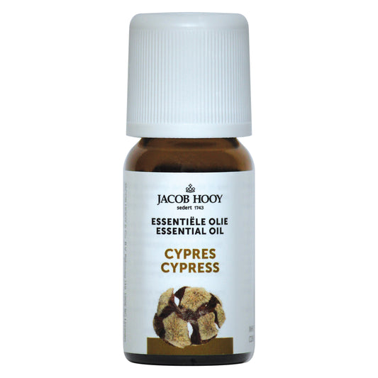 Bottle of Jacob Hooy Cypres essential oil in 10ml dark glass container, with cypress tree illustration on the label.