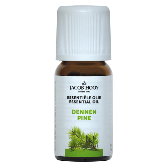 Jacob Hooy Dennen olie essential oil in a small glass bottle, labeled as 10ml, with pine needle scent and natural botanical packaging.