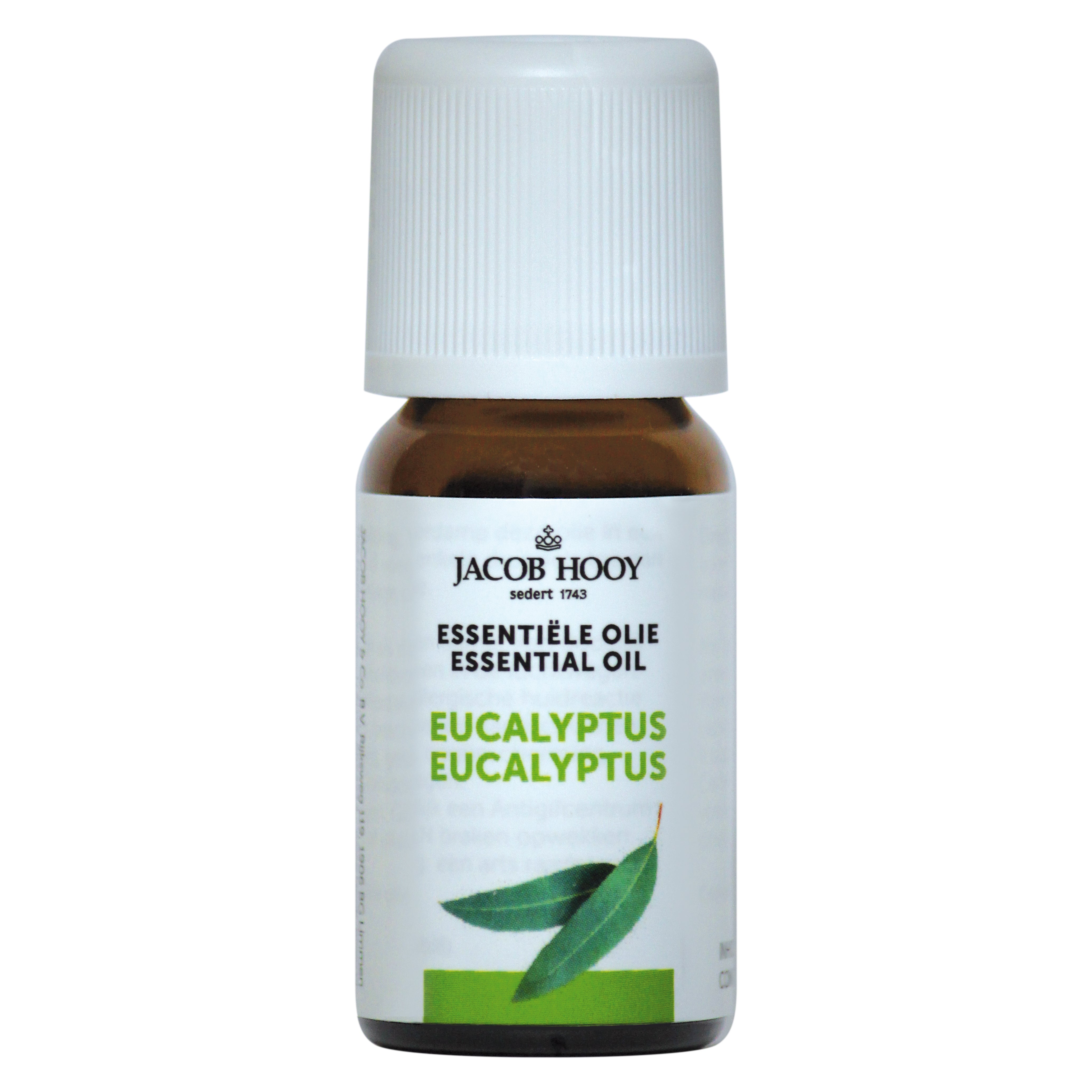 Jacob Hooy eucalyptus essential oil in a 10ml bottle, showing the clear liquid inside and the product label.