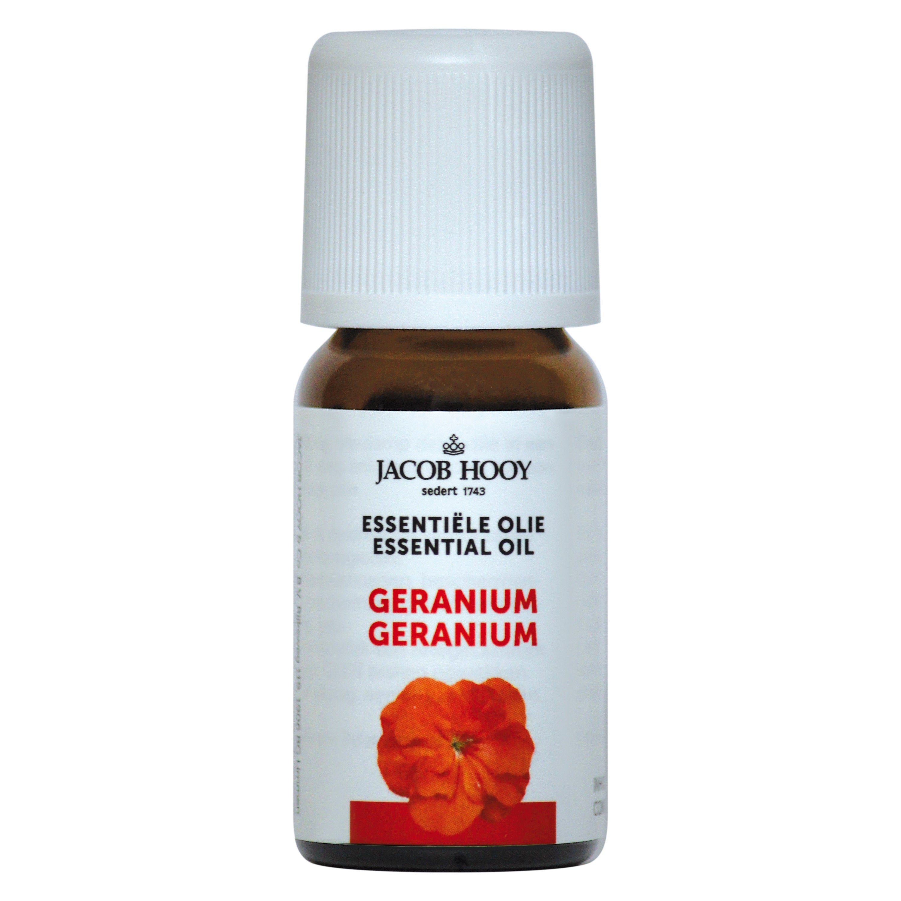 Jacob Hooy geranium essential oil in a 10ml bottle, showcasing the clear glass container and label with product details.