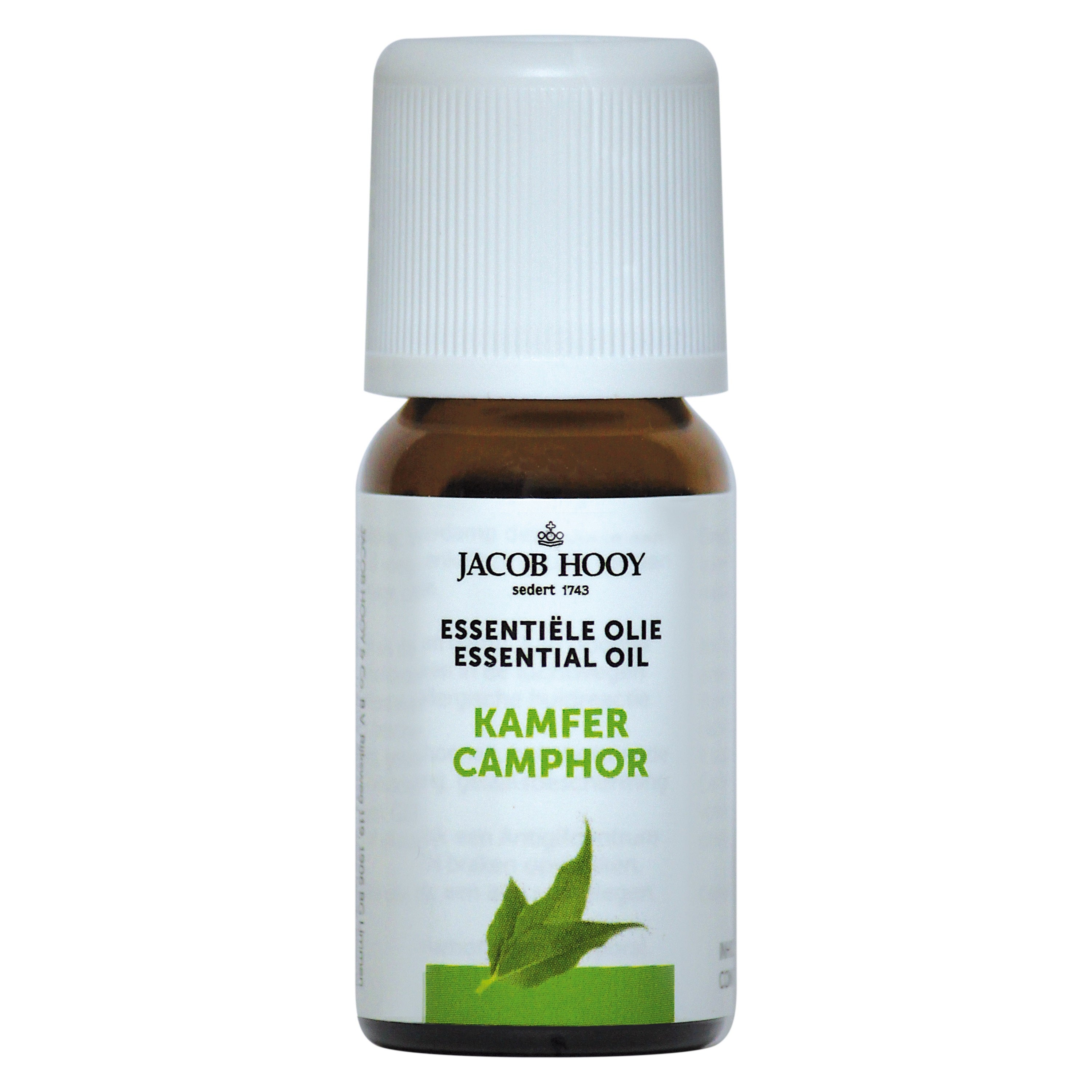 Jacob Hooy Kamfer olie in a 10ml bottle, aromatic essential oil with a clear liquid inside, used for inhalation and topical application.