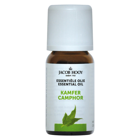 Jacob Hooy Kamfer olie in a 10ml bottle, aromatic essential oil with a clear liquid inside, used for inhalation and topical application.