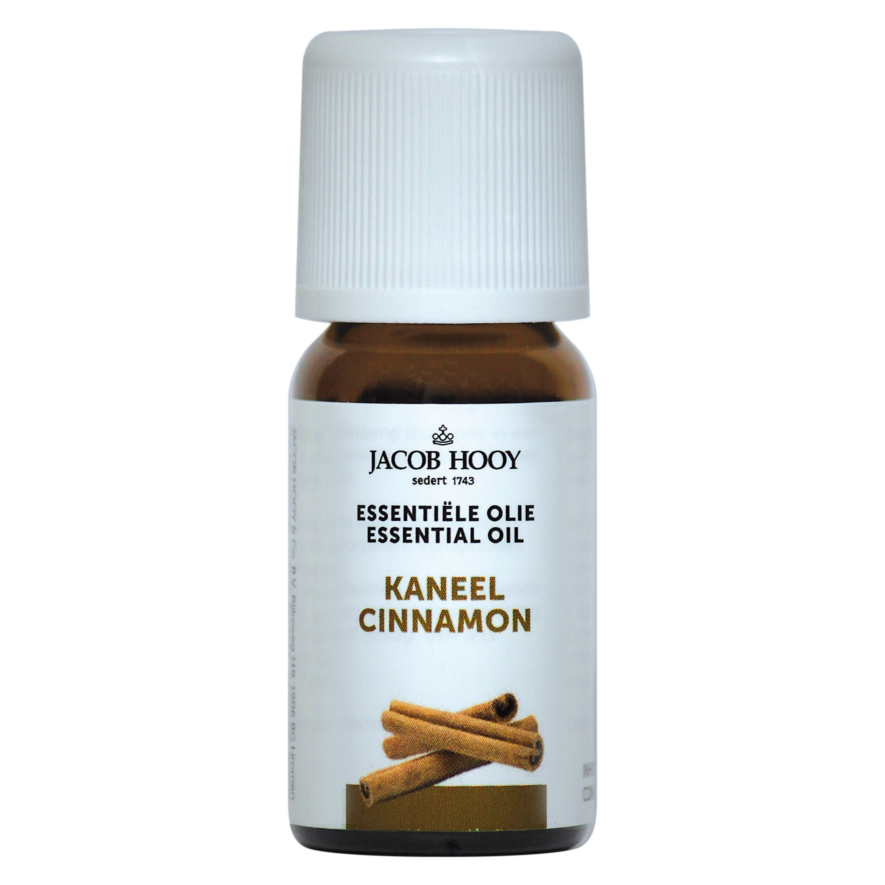 Jacob Hooy Kaneelolie in een heldere glazen fles, etherische olie met kaneelgeur, 10 ml, voor aromatherapie en natuurlijke verzorging.