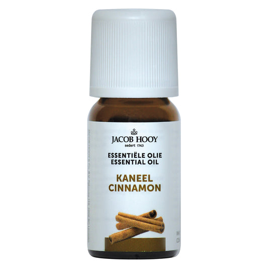 Jacob Hooy Kaneelolie in een heldere glazen fles, etherische olie met kaneelgeur, 10 ml, voor aromatherapie en natuurlijke verzorging.