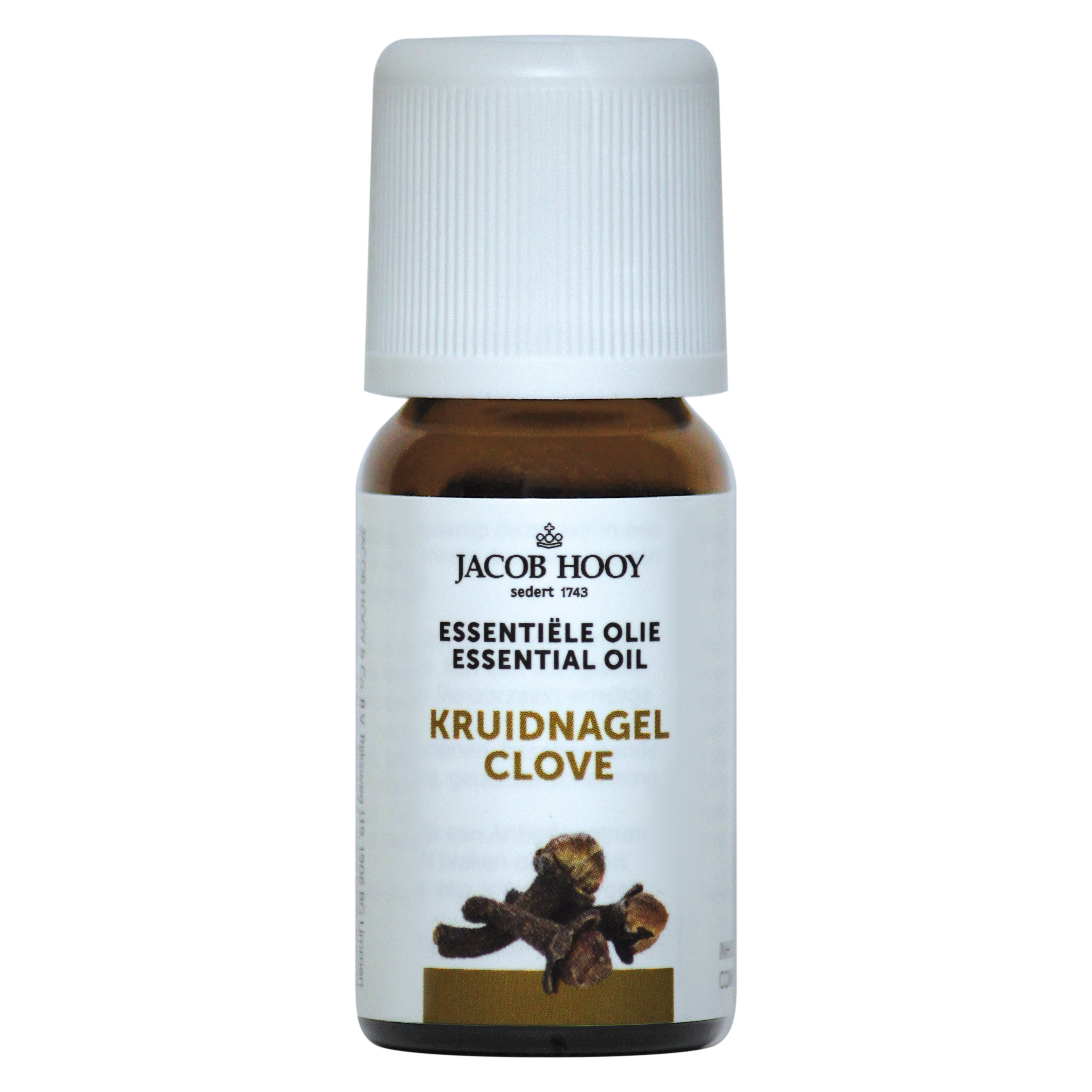 Bottle of Jacob Hooy clove essential oil in a 10ml glass container, labeled with product details, on a neutral background.