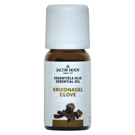 Bottle of Jacob Hooy clove essential oil in a 10ml glass container, labeled with product details, on a neutral background.
