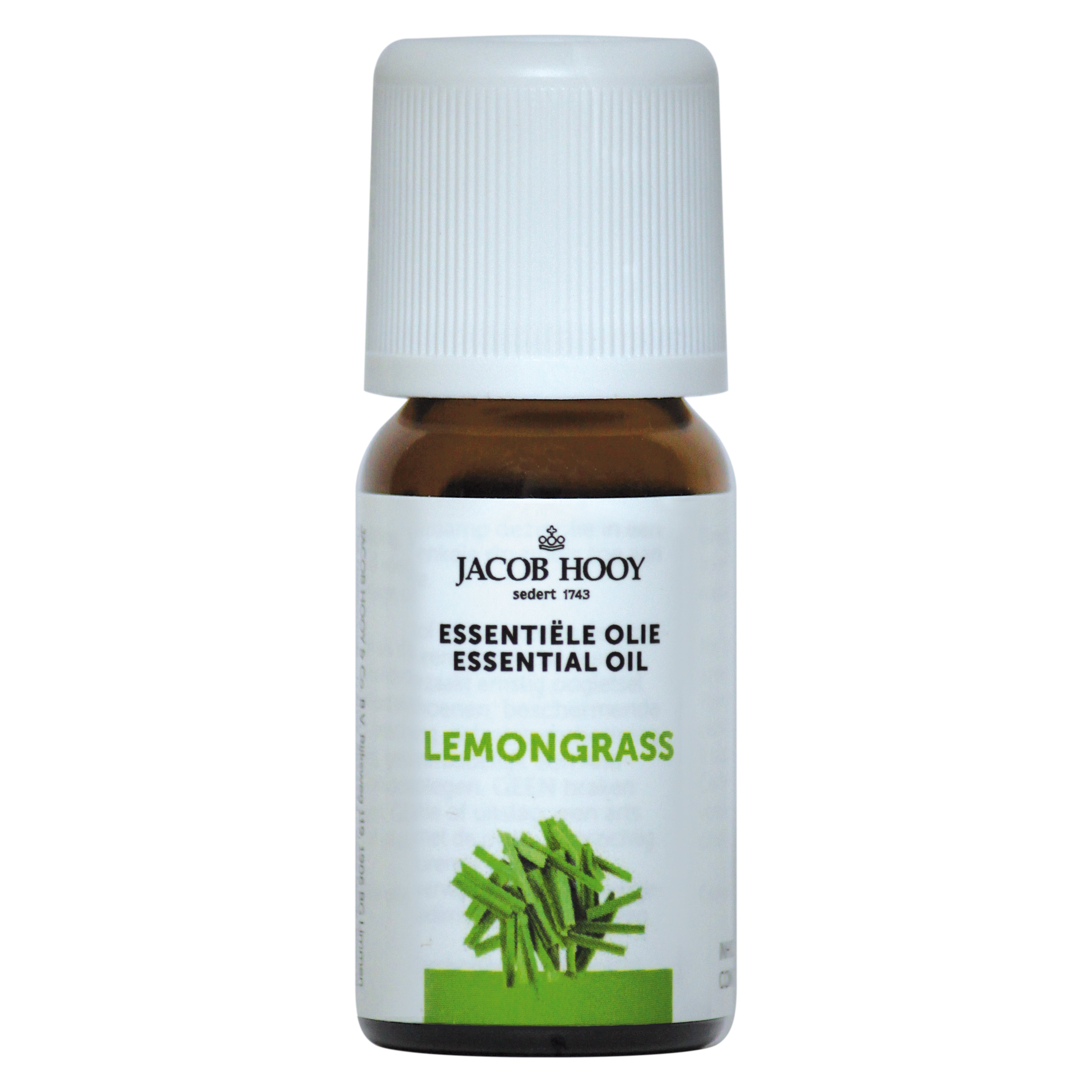 Jacob Hooy lemongrass essential oil bottle, 10ml, featuring a clear glass container with a black cap and yellow label.