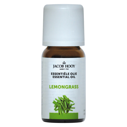 Jacob Hooy lemongrass essential oil bottle, 10ml, featuring a clear glass container with a black cap and yellow label.