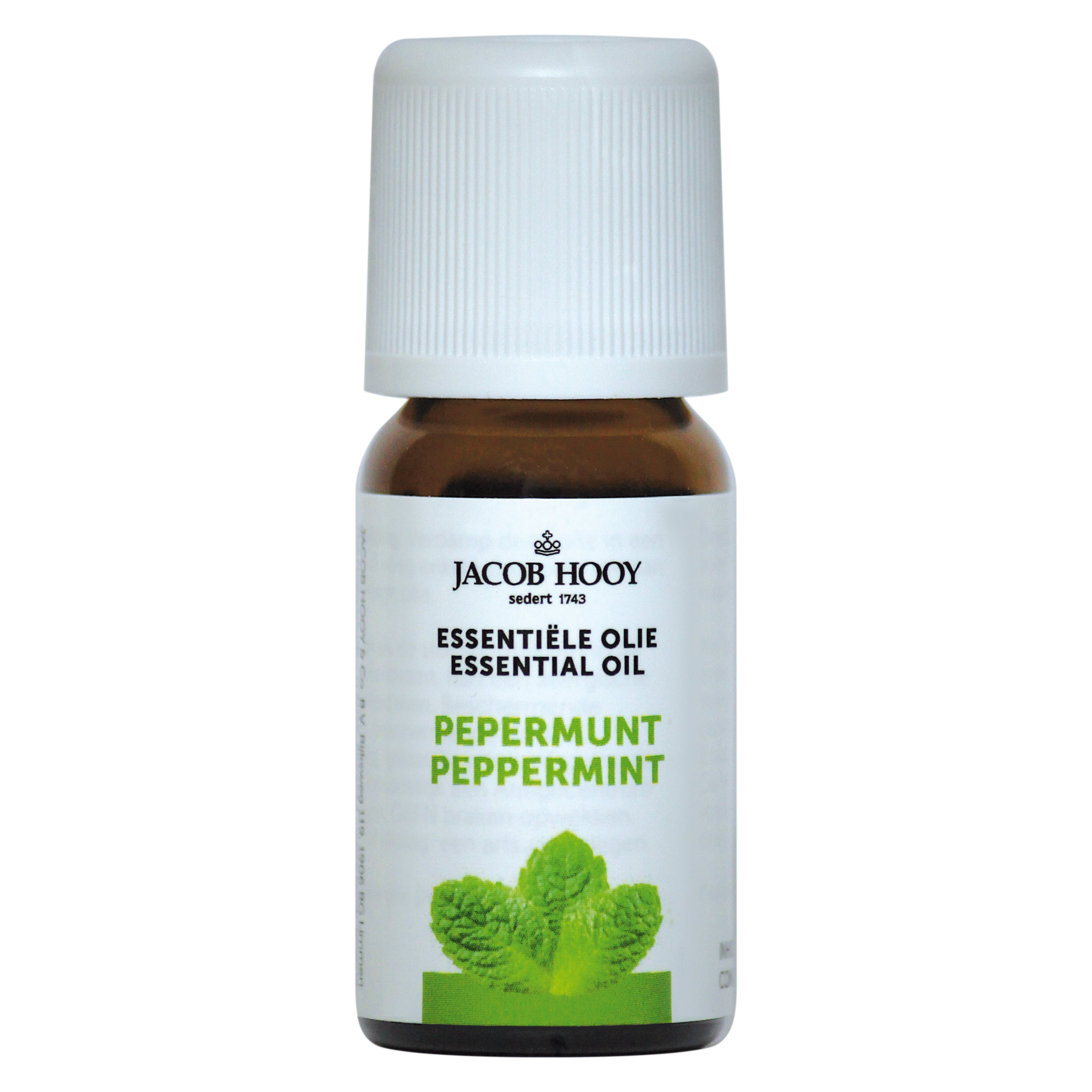 Jacob Hooy peppermint essential oil in a 10ml bottle, showcasing the clear liquid and product label.