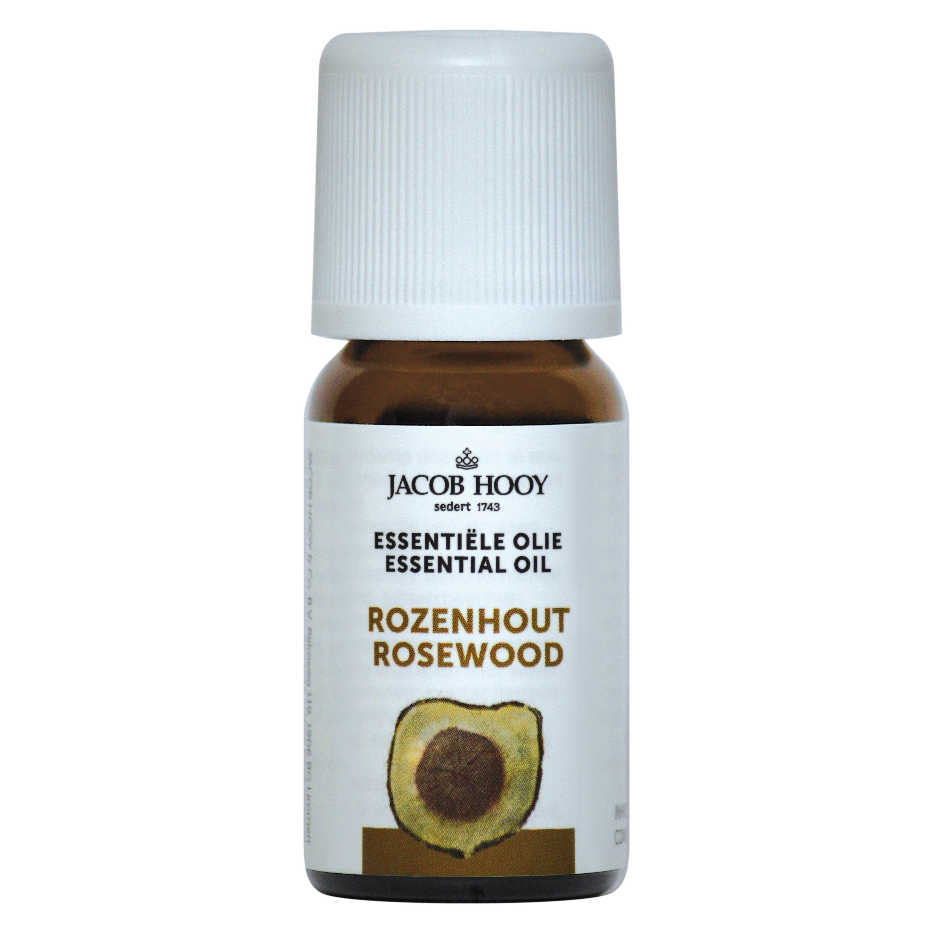 Jacob Hooy Rozenhout olie in een glazen fles, 10 ml, natuurlijke etherische olie met rozenhoutgeur.