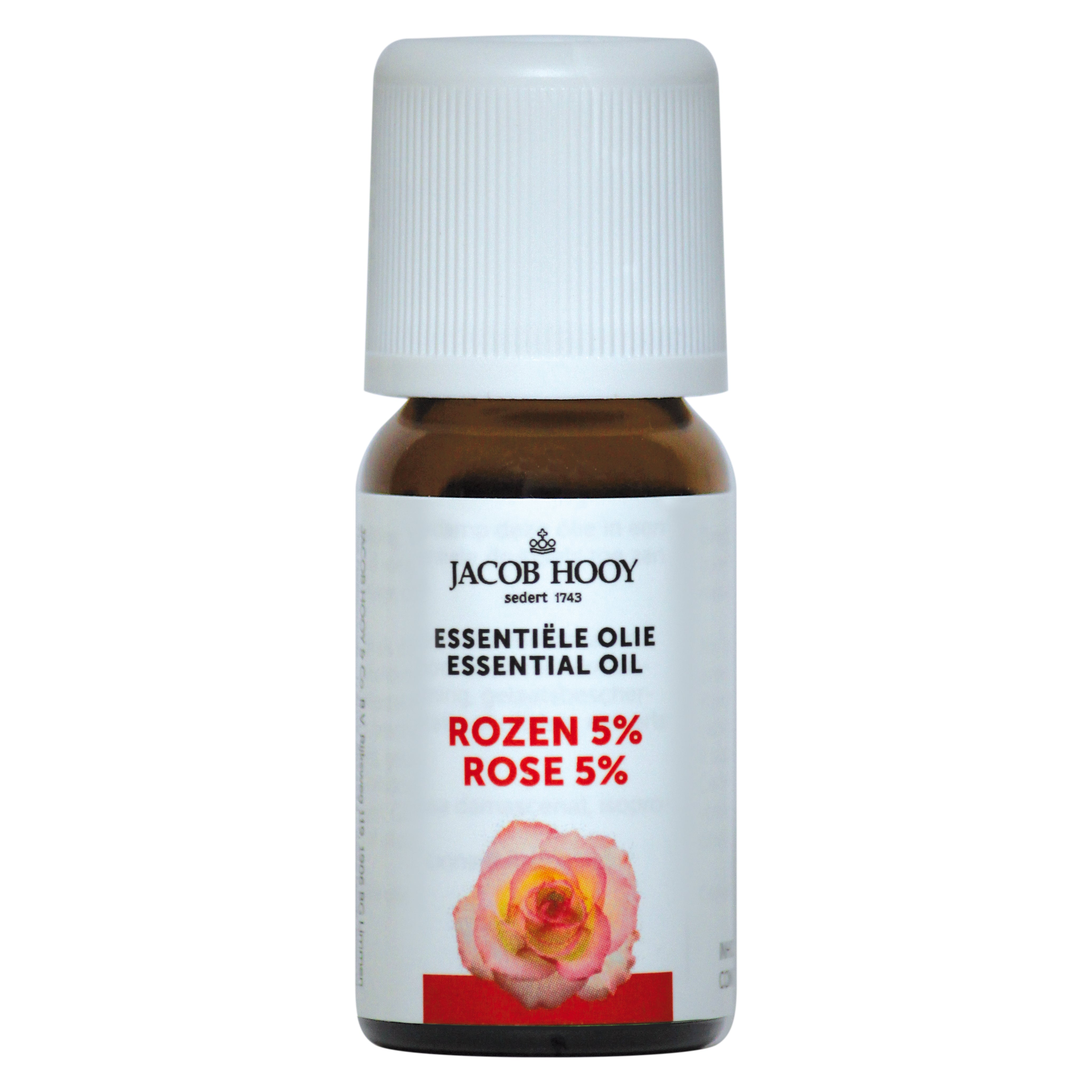 Jacob Hooy Rozenolie 10ml bottle of aromatic essential oil with a clear glass container and floral label.