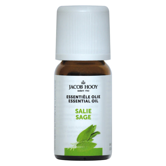 Jacob Hooy Salie olie 10ml, aromatic essential oil bottle with a clear label and dropper cap, used for aromatherapy and herbal remedies.
