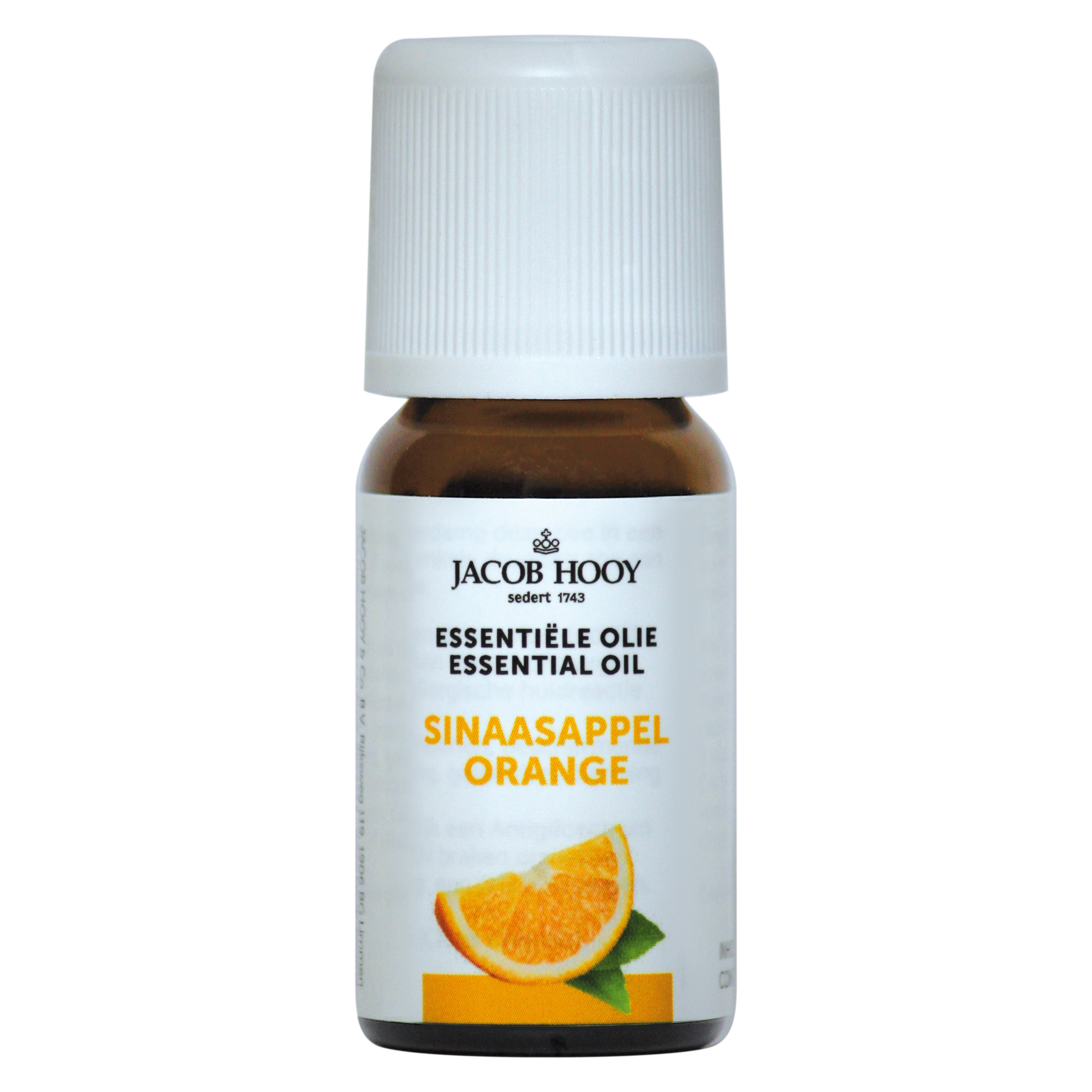 Jacob Hooy Sinaasappel etherische olie 10ml bottle, orange citrus essential oil with bright color and natural packaging.