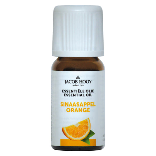 Jacob Hooy Sinaasappel etherische olie 10ml bottle, orange citrus essential oil with bright color and natural packaging.