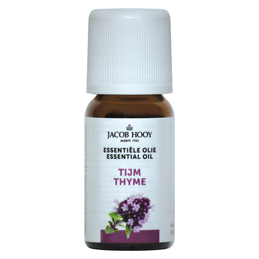 Jacob Hooy thyme essential oil in a 10ml bottle, featuring a clear glass container with a white label and dark liquid inside.