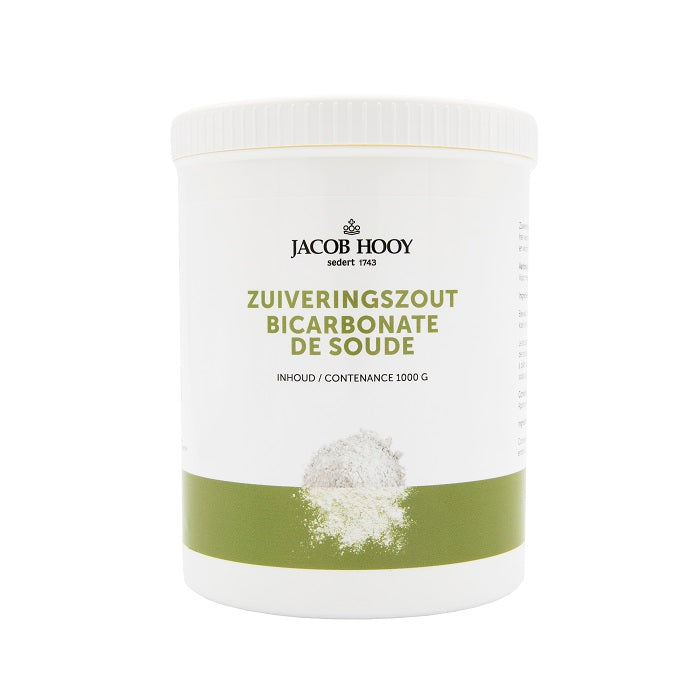 Jacob Hooy sodium bicarbonate in a 1kg jar, natural cleaning product for household uses, part of Jacob Hooy's cleaning supplies.