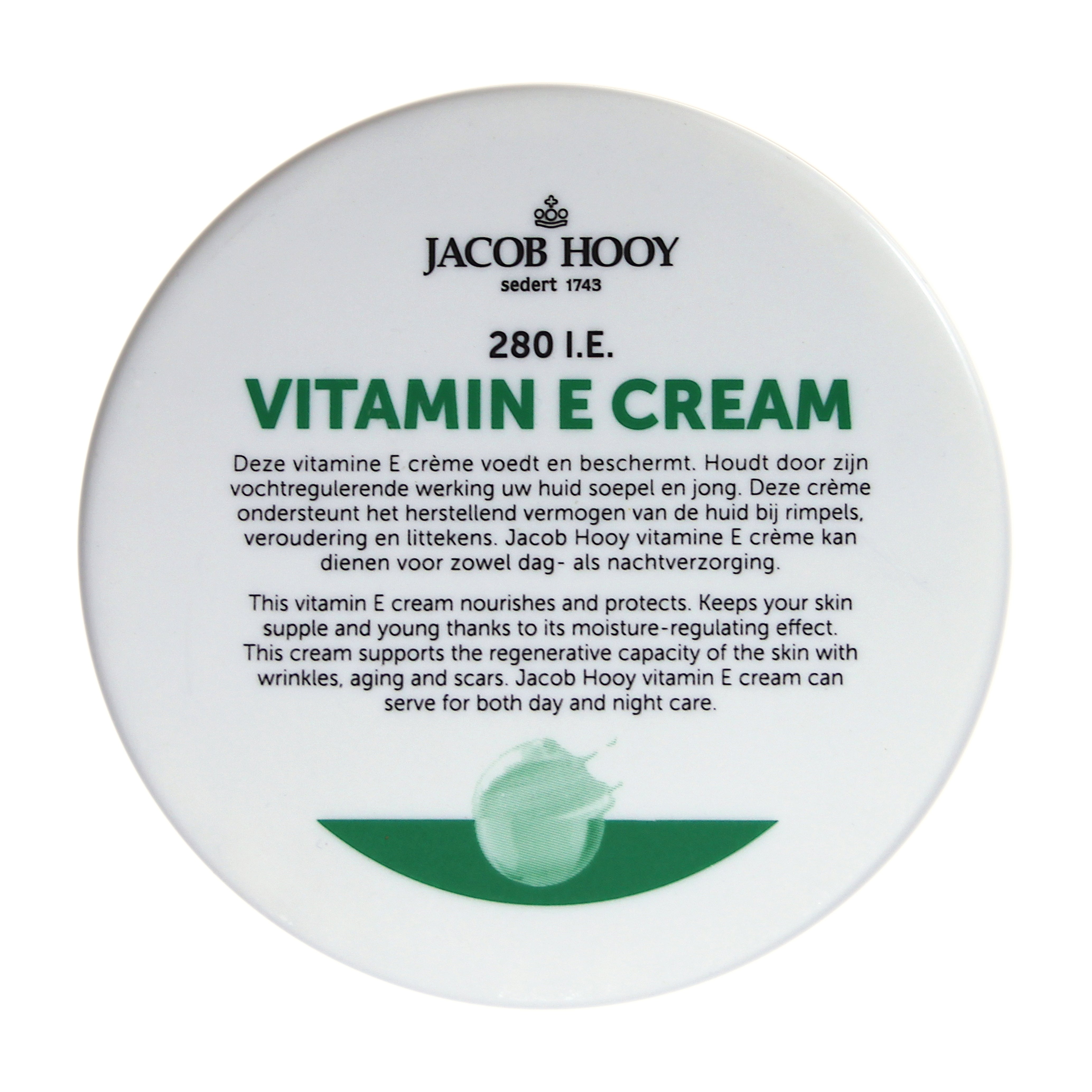 Jacob Hooy Vitamin E cream in a 140g jar, a body care product with a smooth, nourishing texture for skin hydration.