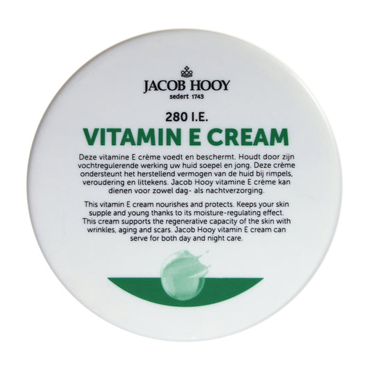 Jacob Hooy Vitamin E cream in a 140g jar, a body care product with a smooth, nourishing texture for skin hydration.