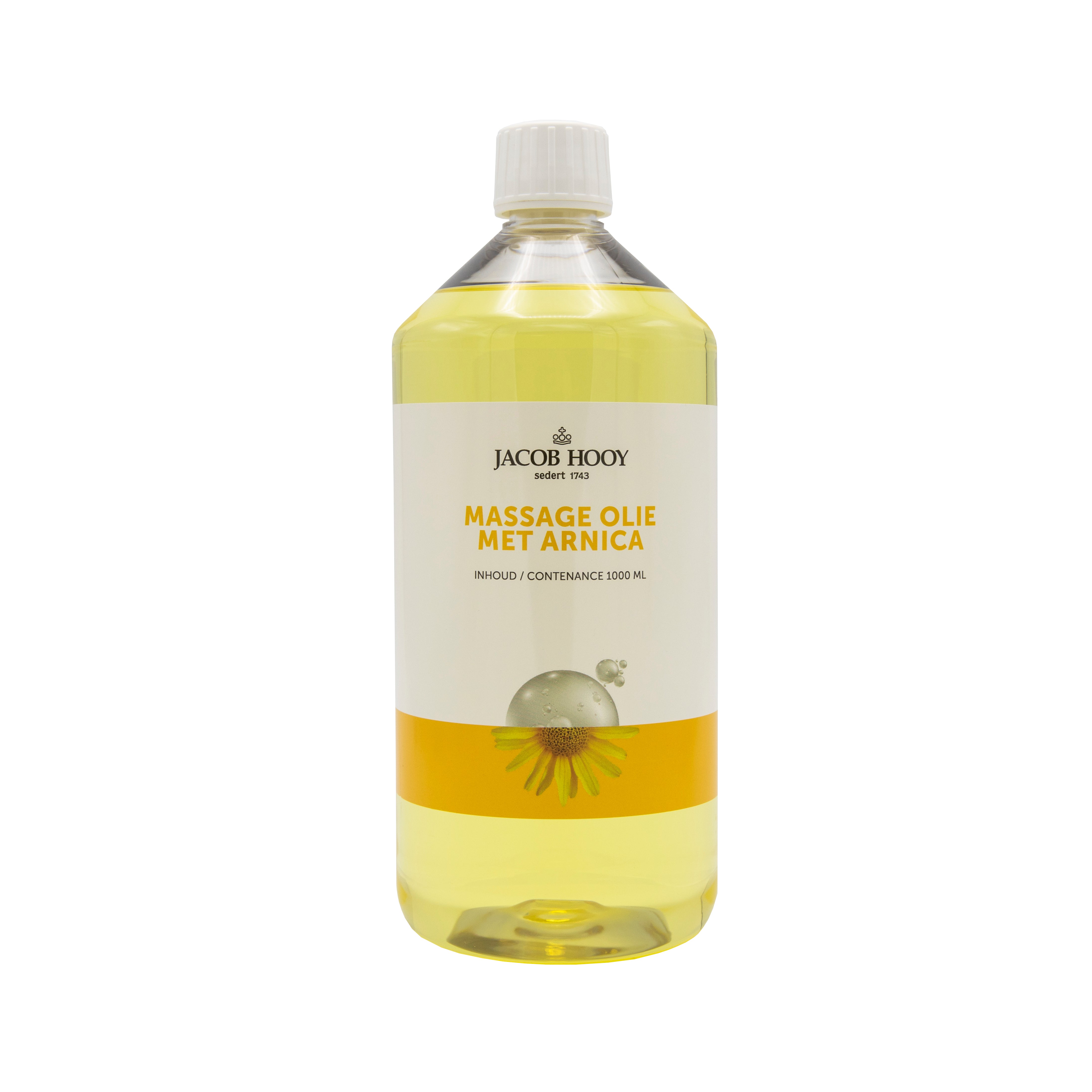 Jacob Hooy Arnica massage oil in a 1-liter bottle, natural body care product for soothing massages and skin relaxation.