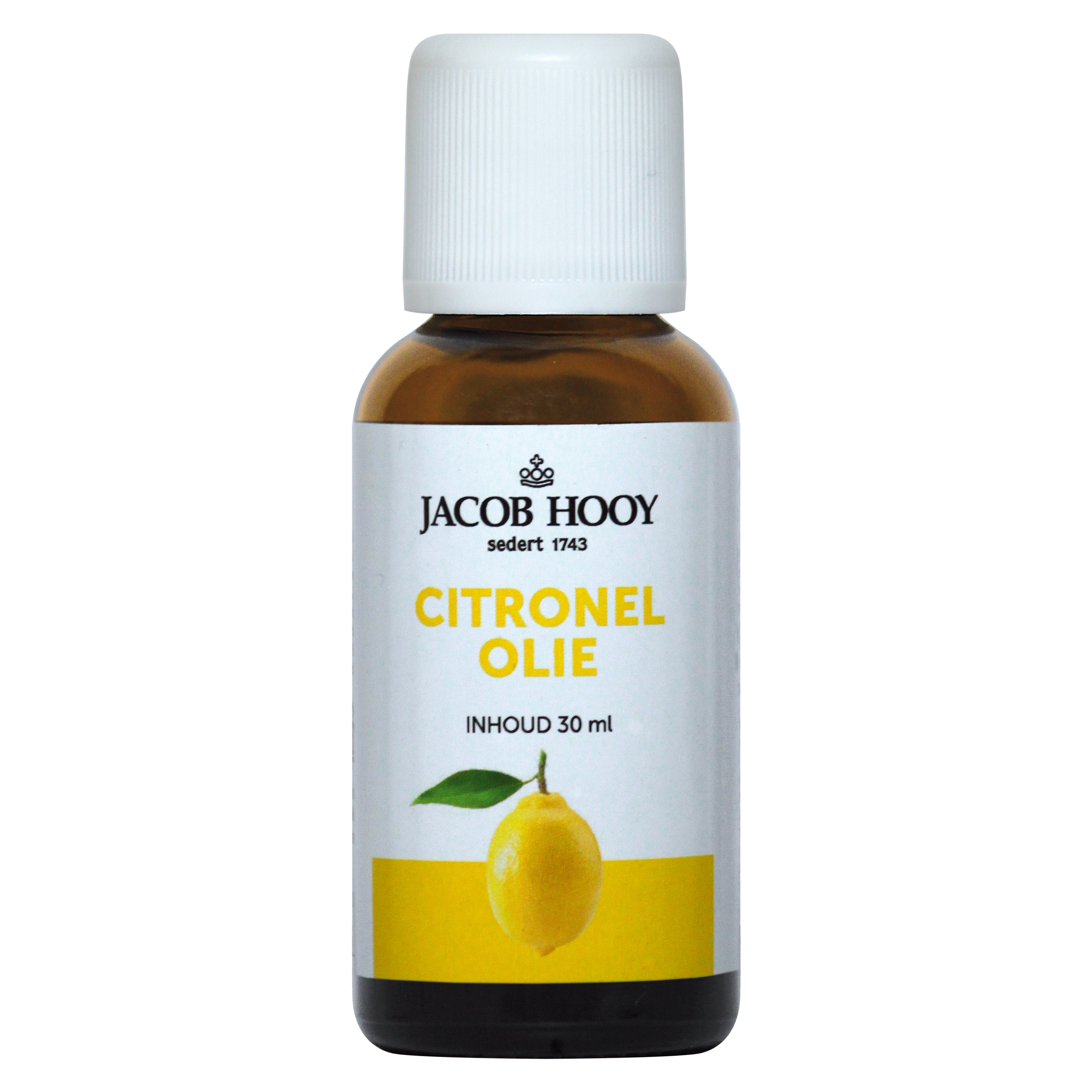 Jacob Hooy citronella essential oil in a 30ml bottle, natural etherische olie with fresh lemon scent, for aromatherapy and outdoor use.