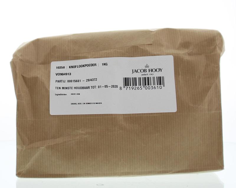 Jacob Hooy garlic powder in a 1kg package, a natural herb used for cooking and seasoning in kitchen recipes.