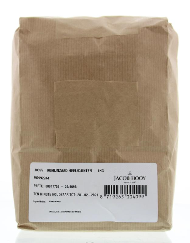 Jacob Hooy cumin seeds in a 1kg package, showing whole dried cumin pods, used as a spice in cooking and herbal remedies.