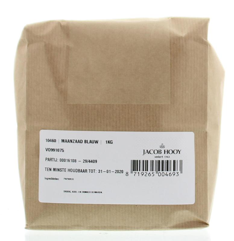 Jacob Hooy blue poppy seeds in a 1kg package, natural herbal seasoning for cooking and baking, from the kruiden, zouten en maaltijdmixen category.