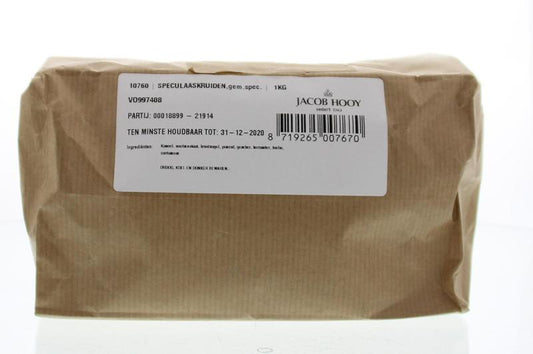 Jacob Hooy Speculaaskruiden in a 1kg package, a blend of spices used for traditional speculaas cookies.
