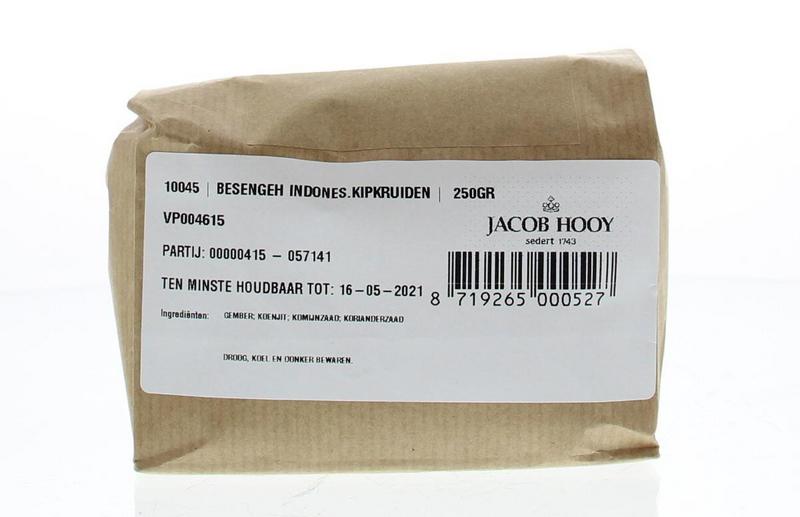 Jacob Hooy Indonesian kipkruiden 250g, herbal spice mix for cooking, shown in a clear container with vibrant herbs and spices.