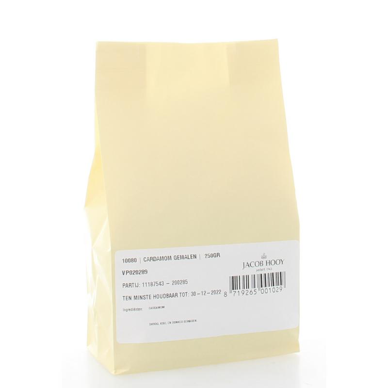 Ground Jacob Hooy cardamom spice in a 250g package, part of herbs, salts, and meal mixes collection, shown in the image.