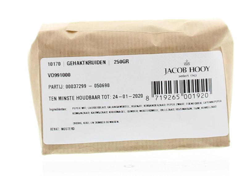 Jacob Hooy Gehaktkruiden 250g spices, ground herbs and seasonings for meat dishes, in a clear container with herbs visible inside.