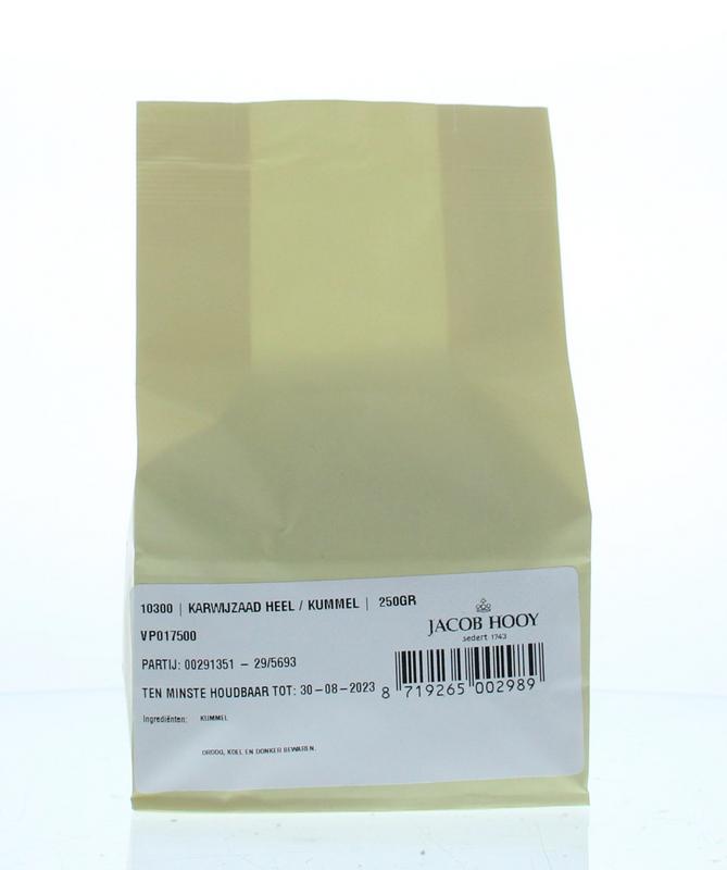 Jar of Jacob Hooy cumin seeds (Karwijzaad) 250g, natural herbal spice for cooking and seasoning.