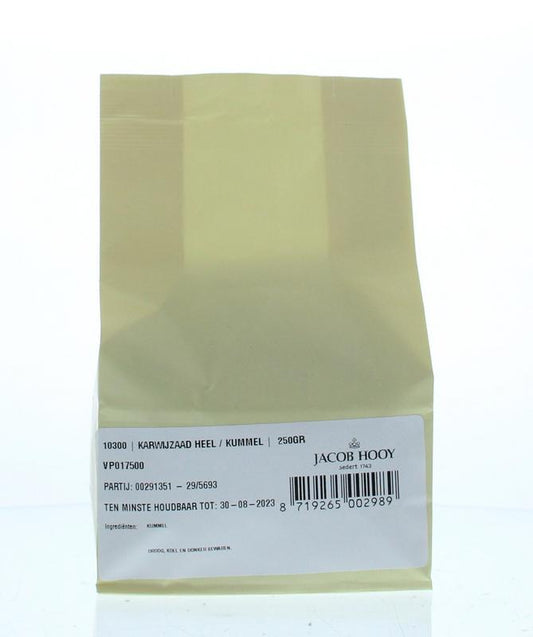 Jar of Jacob Hooy cumin seeds (Karwijzaad) 250g, natural herbal spice for cooking and seasoning.