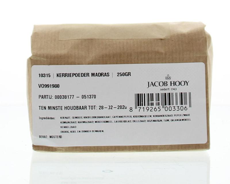 Jacob Hooy Kerriepoeder Madras spice in a 250g container, used as a seasoning for dishes, from the Jacob Hooy kruiden, zouten en maaltijdmixen range.