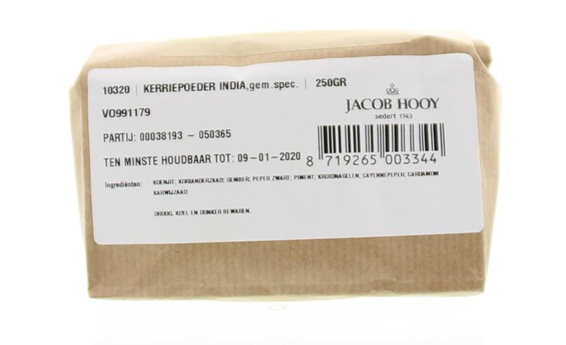 Jacob Hooy Kerriepoeder India 250g, aromatic curry spice blend in a jar, used for flavorful Indian dishes.
